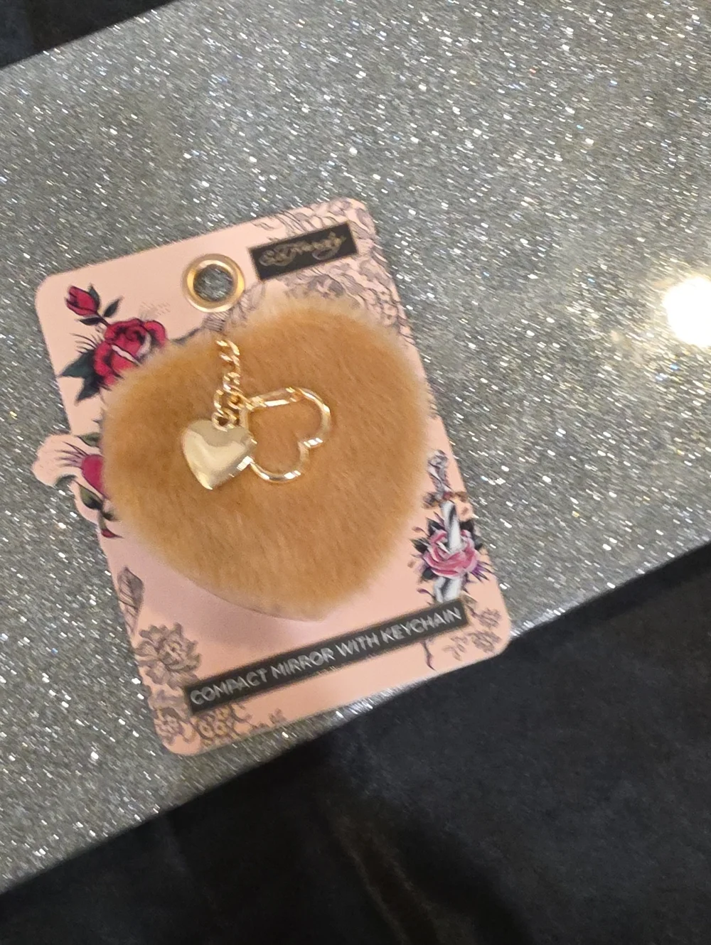 Ed Hardy Faux Fur Compact Mirror w/Keychain
